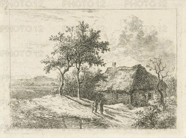 Three figures at a farm, Gerrit Jan Michaelis, 1785 - 1857