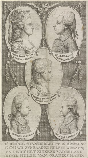 Portraits of Wilhelmina of Prussia, William V, Prince of Orange-Nassau, Louise, Princess of Orange-Nassau, William I Frederick, king of the Netherlands, and Frederick, Prince of Orange-Nassau, Jelgerhuis, 1780 - 1849