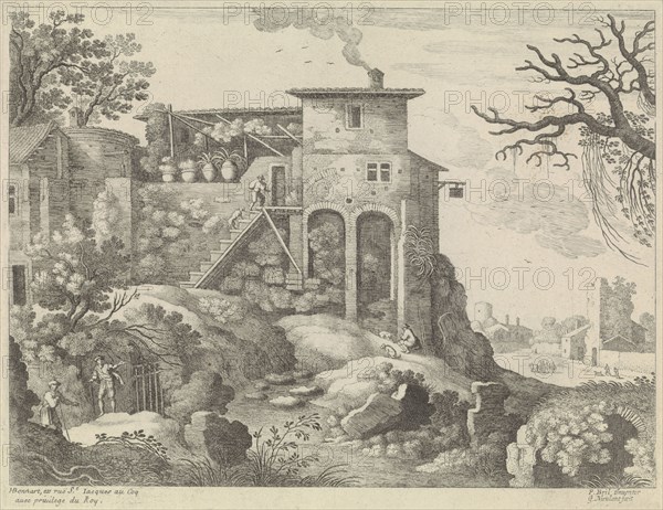 Italian landscape with an inn, Willem van Nieulandt (II), H. Bonnart, Lodewijk XIV (koning van Frankrijk), 1594 - 1635