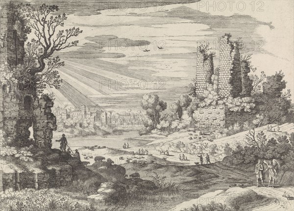 Italian Landscape with Tobias and the Angel, William of Nieulandt II, H. Bonnart, Louis XIV King of France, 1594-1635