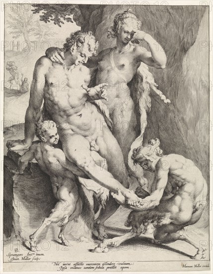 Oreaden removing a thorn from the foot of a satyr, print maker: Jan Harmensz. Muller, Bartholomeus Spranger, Harmen Jansz Muller, 1590