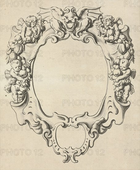 Cartouche with lobe ornament with four angels, Pieter Hendricksz. Schut, Gerbrand van den Eeckhout, Nicolaes Visscher (I), 1655