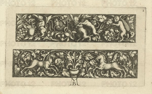 Two friezes, the top with three hares, Michael le Blon, c. 1611 - c. 1625
