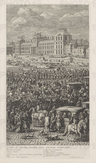 Rear Guard of the procession of King Louis XIV of France on the Pont-Neuf, Jan van Huchtenburg, Adam Frans van der Meulen, 1667 - 1669