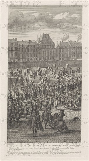 Front of the procession of King Louis XIV of France and his entourage on the Pont-Neuf, Jan van Huchtenburg, Adam Frans van der Meulen, 1667 - 1669