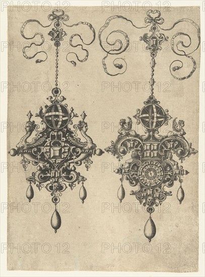 Two pendants with sundial, Anonymous, Hans Collaert (I), Philips Galle, 1581