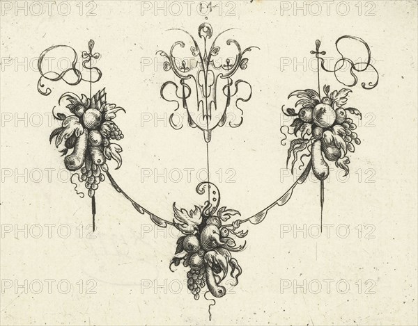 Garland with three bouquets of fruit, Michiel le Blon, print maker: Anonymous, Balthasar Caymox, after 1611 - 1635
