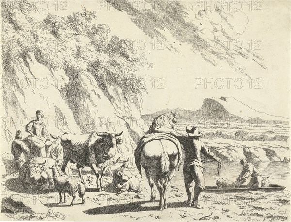Man with horse and donkey on shepherdess with cattle in hilly landscape, print maker: Abraham Jansz. Begeyn, Abraham Jansz. Begeyn, 1665