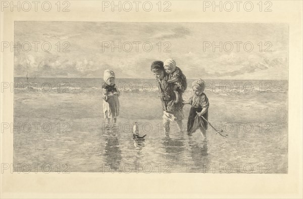 Four children playing with toy boat on the beach in shallow seawater, Carel Lodewijk Dake, A. Salmon & Ardail, Frans Buffa en Zonen, 1890