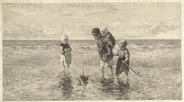 Four children playing with toy boat on the beach in shallow seawater, Carel Lodewijk Dake, 1888-1892
