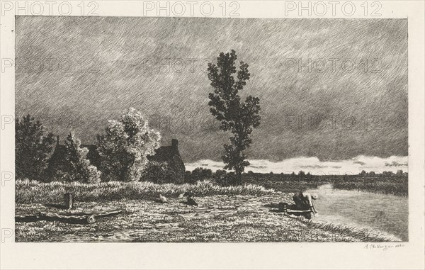 Landscape with a woman who does the laundry, print maker: Alexander Mollinger, 1860