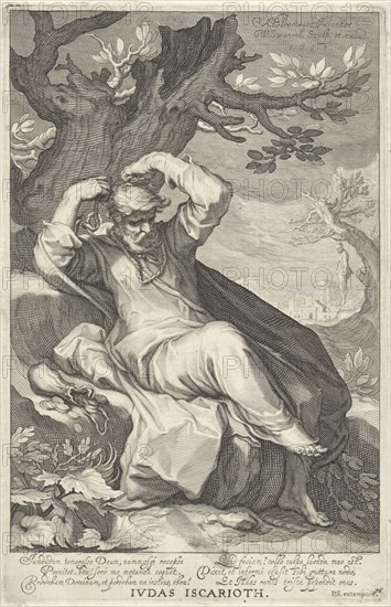 Judas Iscariot hangs himself, print maker: Willem Isaacsz. van Swanenburg, Abraham Bloemaert, Petrus Scriverius, 1611