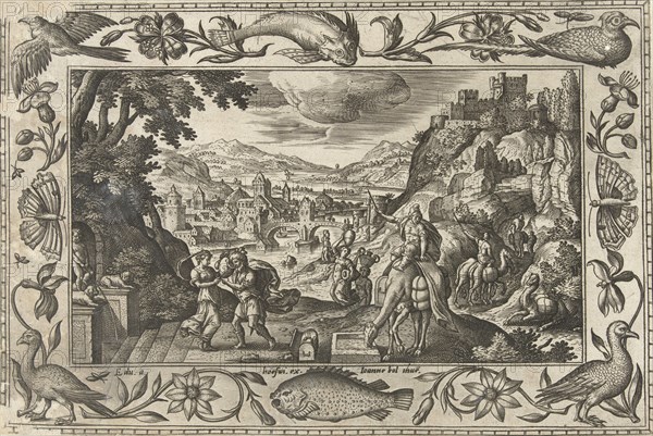 Rebecca and Eliezer at the Well, print maker: Adriaen Collaert, Hans Bol, Eduwart van Hoeswinckel, 1582 - 1586