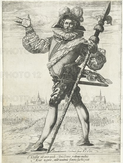 Army captain with lance before a besieged city, Bartholomew Willemsz. Dolendo, 1590
