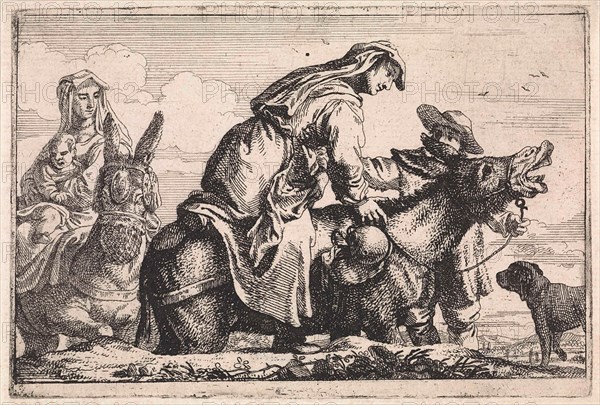 Woman gets on a donkey, Jan Baptist de Wael, 1642 - 1669