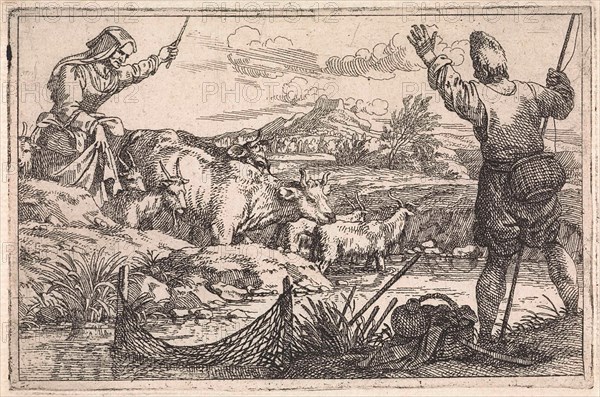 Fishing in river, print maker: Jan Baptist de Wael