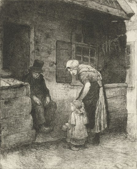 Woman with small child is sitting at home working for old man, Bernardus Johannes Blommers, 1855 - 1914