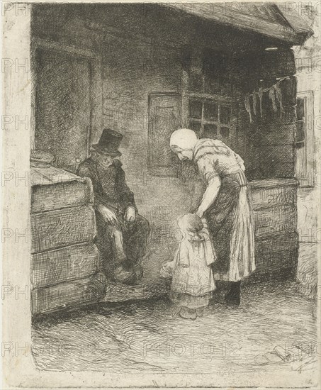Woman with small child is sitting at home working for old man, Bernardus Johannes Blommers, 1855 - 1914