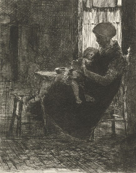 Woman with a sleeping child on her lap asleep near a window, Bernardus Johannes Blommers, 1855 - 1914