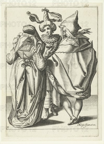 A woman dressed festively, a man in a cape and a masked man who extends his left arm, print maker: workshop of Jacob de Gheyn II, 1595 - 1596