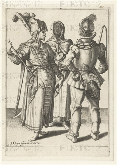 A veiled woman and two masked men, one with a cock on his belt, Jacob de Gheyn (II), 1595 - 1596