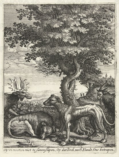 Landscape with a goat, moose and two dogs, Hendrick Hondius (I), 1644