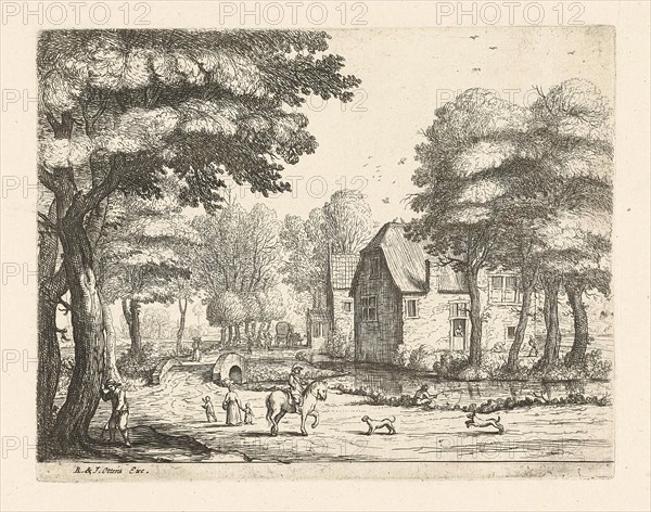 Village street with stone bridge, Jan van Goyen, Reinier & Josua Ottens, 1640 - 1679