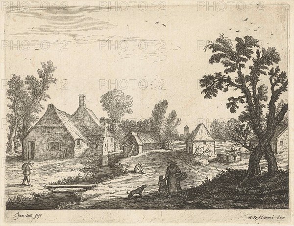 Village with woman and child in the village street, Jan van Goyen, Reinier and Josua Ottens, 1640-1679