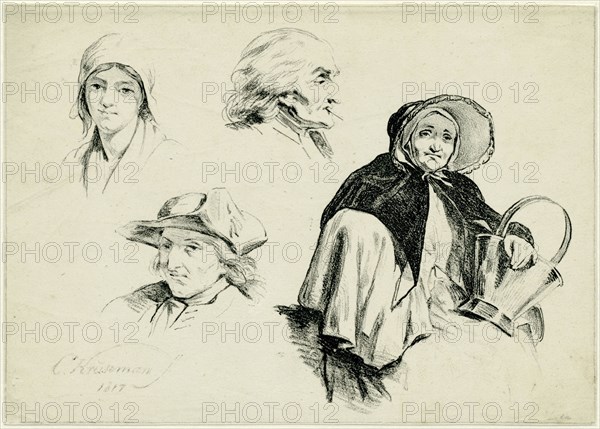 Study Journal. Top left of a woman's head and face. Right a seated woman with a bucket. Kneepad. Top center a mans head, left down a second. In the l.o C. Kruseman f 1817, Cornelis Kruseman, Cornelis Kruseman