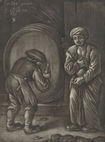 Two figures and a wine barrel, Jan van Somer, Jo. Lloyd, 1655 - 1700