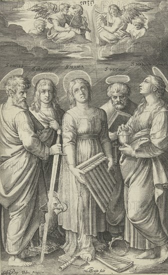 Saints Paul, John, Cecilia, Peter and Mary Magdalene, Nicolaes de Bruyn, Marcantonio Raimondi, 1581 - 1656