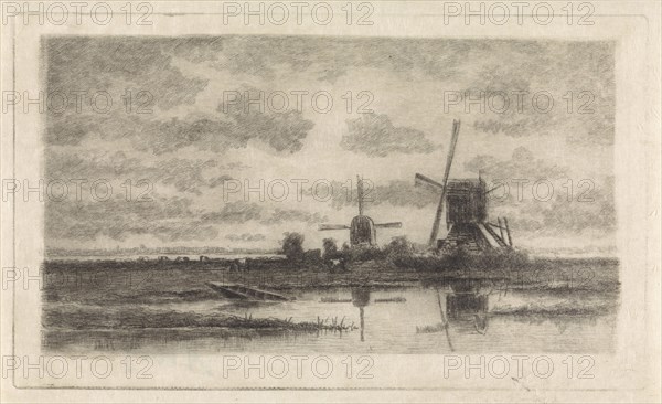 Landscape with two mills at a pond, print maker: Elias Stark, 1859 - 1891