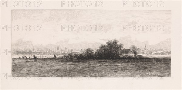 Cityscape with meadows in the foreground, Elias Stark, 1859 - 1891