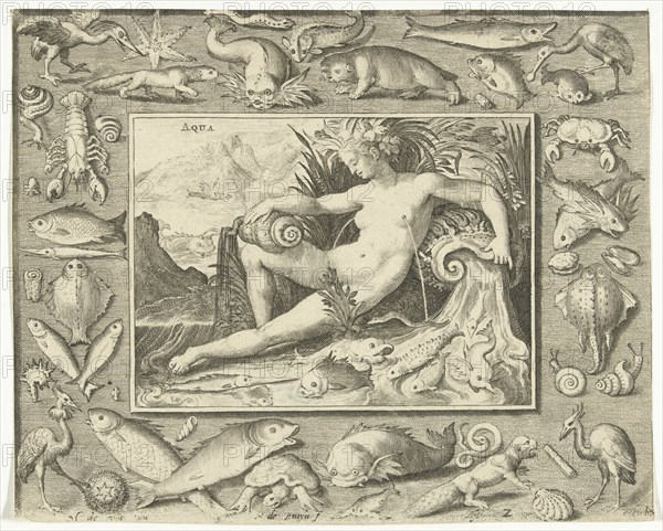 The element water personified by a women at a well containing fishes. Nicolaes de Bruyn, 1581 - 1656, print maker: Nicolaes de Bruyn, Maerten de Vos, 1581 - 1656