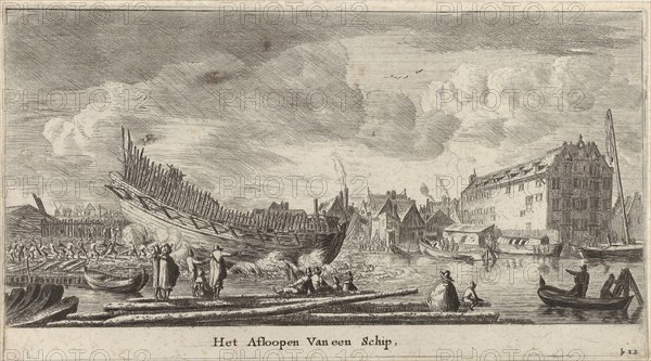 Launching of a ship, Reinier Nooms, 1652 - 1654