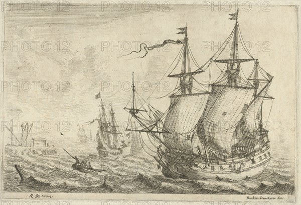 Seascape with several ships at a wharf, Reinier Nooms, 1656-1659