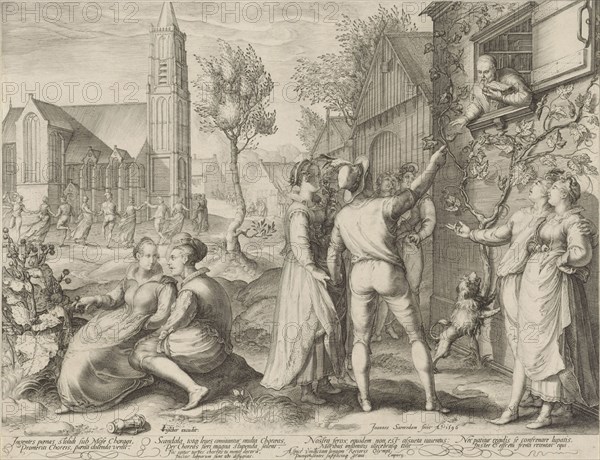 Young couples having fun and ignore the warnings of a scholar, Jan Saenredam, 1596