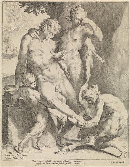 Oreaden removing a thorn from the foot of a satyr, Jan Harmensz. Muller, Frederik de Wit, 1640 - 1706