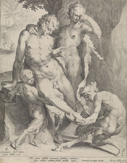 Oreaden removing a thorn from the foot of a satyr, Jan Harmensz. Muller, Clement de Jonghe, Harmen Jansz Muller, 1640 - 1670