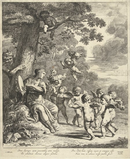Pan and Syrinx with dancing putti, print maker: Dancker Danckerts, Cornelis Holsteyn, Frederik de Wit, 1633 - 1666