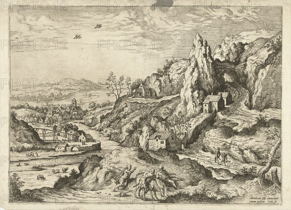 Abraham and Isaac on the road to the place of sacrifice, print maker: Hieronymus Cock, Matthys Cock, c. 1551 - before 1558