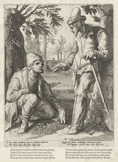 Two farmers in conversation, Hendrick Goltzius, Franco Estius, 1588 - 1592