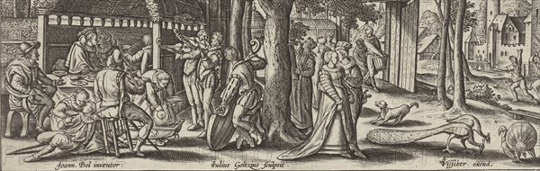 The prodigal son squanders his money, Julius Goltzius, Claes Jansz. Visscher (II), c. 1560 - 1595