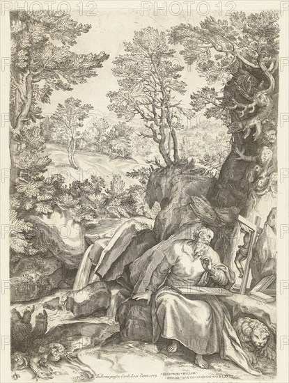 Landscape with St. Jerome who translates the Bible, Cornelis Cort, Carlo Losi, 1573