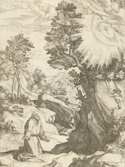 Landscape with vision of St. Francis of Assisi, print maker: Cornelis Cort, Girolamo Muziano, Carlo Losi, 1575 and or 1774