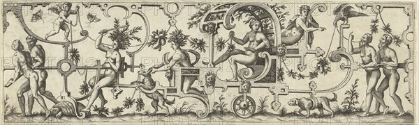 Chariot with a woman, pulled by two men, a turtle and a dog