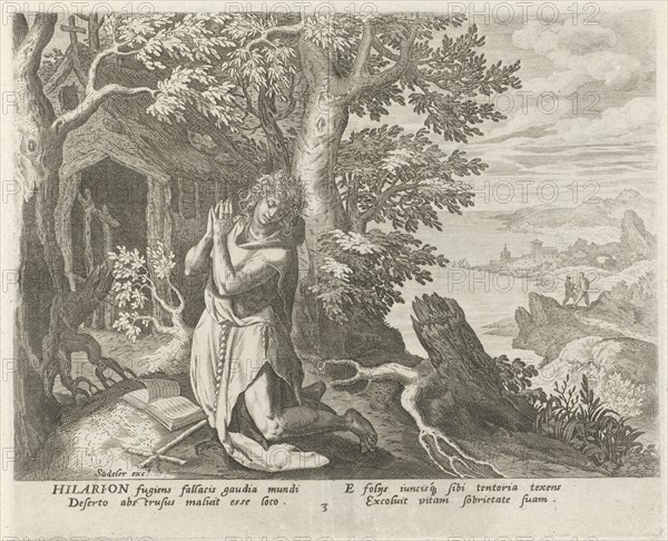 Hilarion the Great as a hermit, Johann Sadeler (I), RaphaÃ«l Sadeler (I), Maerten de Vos, 1583 - 1588