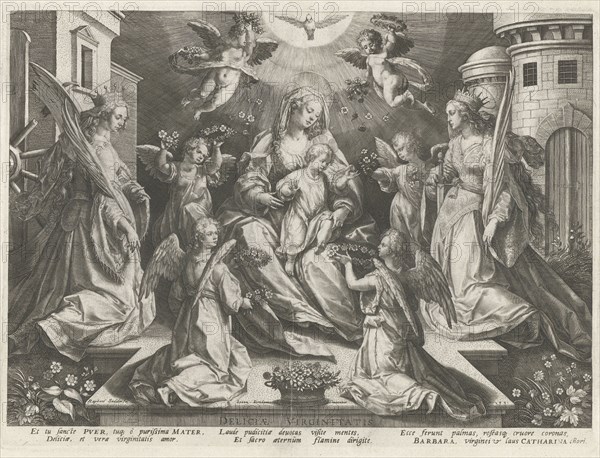 Veneration of Mary with the Christ Child with St. Catherine of Alexandria and Barbara H, RaphaÃ«l Sadeler (I), 1591