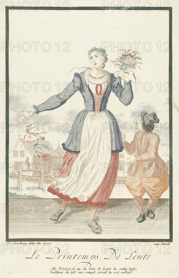 Young woman with bunch of flowers, print maker: Pieter van den Berge, Pieter van den Berge, 1695 - 1697
