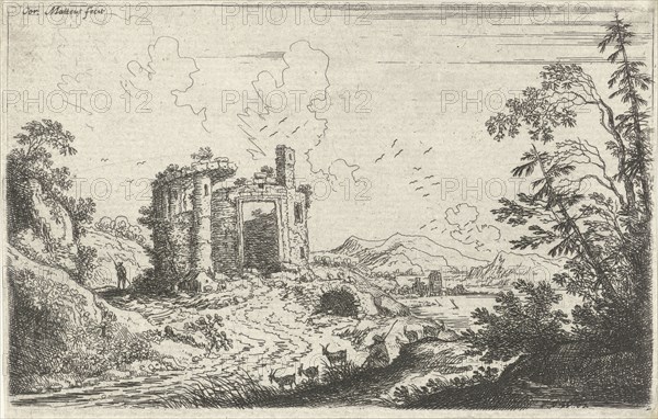Landscape with a goatherd, Cornelis Matthieu, Frans van den Wijngaerde, 1637 - 1656